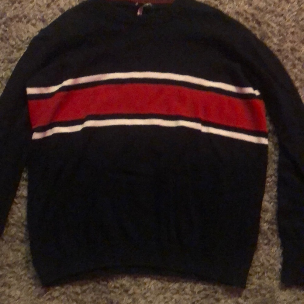 navy sweater with white and red stripes